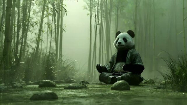 A panda in a traditional kimono sits in a serene forest setting. The pandas attire is detailed with intricate patterns and textures, and its posture is relaxed yet poised.