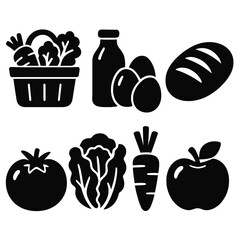Farm Fresh Icons. Farm Fresh Essentials silhouette icon set: basket of vegetables, milk bottle, eggs, bread loaf, tomato, lettuce, carrot, apple.