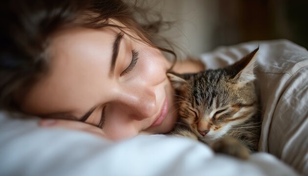 Young Woman Relaxing With Kitten On Bed At Home On A Sunny Day, Engaging In Playful Activities With Outbred Feline.