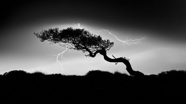 A lone gnarled tree silhouetted against a stormy sky with lightning. travel magazines, destination branding, designed for outdoor magazines and nature guides and travel destination branding.
