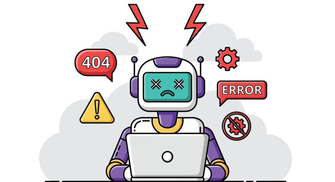Vector illustration of robot with laptop showing error messages and 404 symbol