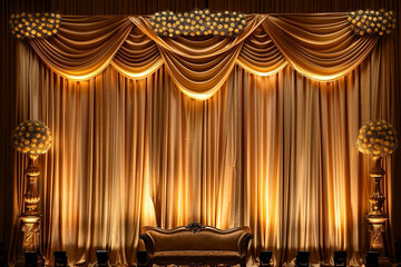 opulent golden curtains framing antique sofa, soft theatrical lighting, draped swags, ornate pedestals