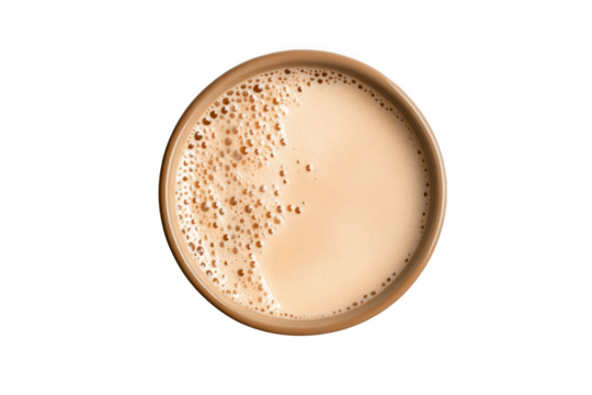 Top view of delicious latte art in brown cup, coffee drink with froth, cafe beverage, hot drink, tasty coffee, isolated on transparent background