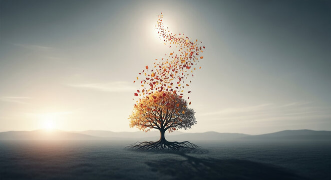 A lone tree with orange leaves shedding upwards into the light on a desolate landscape, symbolizing transition, growth, and cyclical change in nature