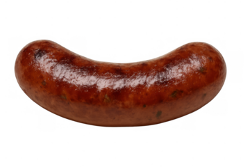 Grilled smoked sausage with crispy browned skin isolated on transparent background, ready for barbecue or hot dog meal