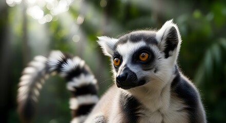 Cute endangered ring-tailed lemur (Lemur catta) sitting on the ground with its iconic striped tail in the Madagascar wildlife