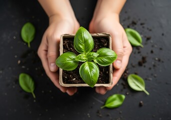 Hands holding a small potted basil plant with fresh green leaves and soil, symbolizing growth and new beginnings in gardening