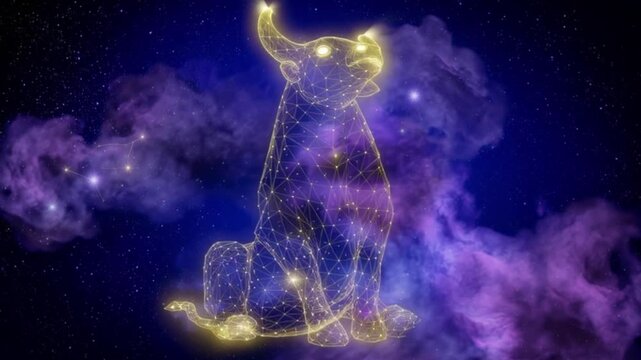 Golden bull constellation formed with glowing star lines in deep cosmic space, mystical zodiac taurus symbol emerging from vibrant nebula clouds, celestial astrology animation concept with luminous ni