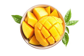 Fototapeta premium Delicious mango slices in wooden bowl with green leaves fresh fruit tropical food photography still life isolated on transparent background