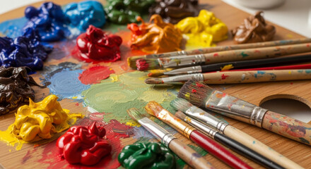 Obraz premium Artistic Palette with Colorful Paints and Brushes