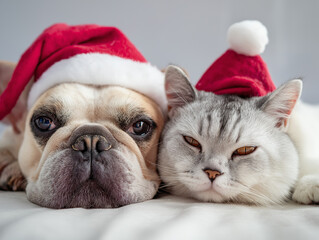 a photorealistic french bulldog and scottish fold cat both wearing Santa hats, lying down together cuddling, peaceful and cozy, isolated white background, close-up intimate shot, macro photography