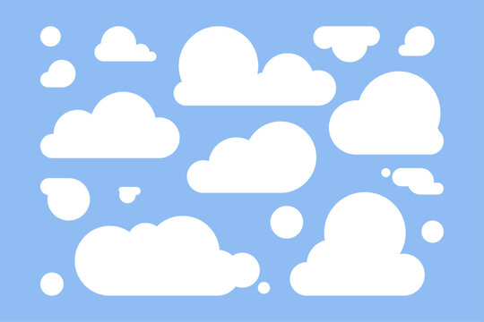 Minimalist cloud shapes in blue sky. Cartoon flat vector illustration.
