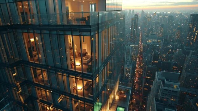 Luxurious penthouse apartment with private pool overlooks a sprawling city skyline at dusk showcasing illuminated interiors and urban nightlife