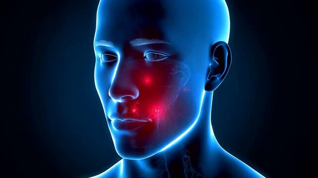 Human head rendered in blue medical lighting with glowing red pain points on the cheek showing internal facial anatomy in a detailed diagnostic view