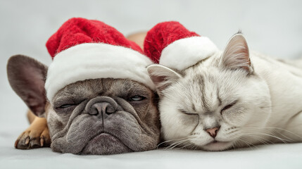 a photorealistic french bulldog and scottish fold cat both wearing Santa hats, lying down together cuddling, peaceful and cozy, isolated white background, close-up intimate shot, macro photography