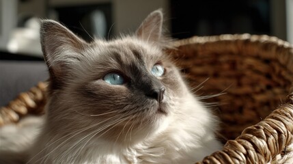 Ragdoll Cat Relaxing in Cozy Sunlight, Showcasing Striking Blue Eyes and a Serene Expression