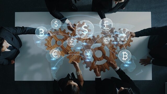 A strategic meeting scene showcasing diverse currency symbols and gears as people collaborate on financial planning and global market integration with digital elements. Raster