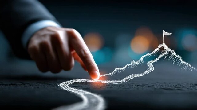 Journey towards success illustrated with a hand tracing a mountain path and a flag at the summit in a dark setting - Powered by Adobe