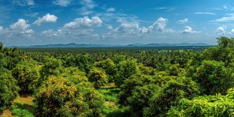 Beautiful panoramic view of a lush green jungle under a blue sky.
