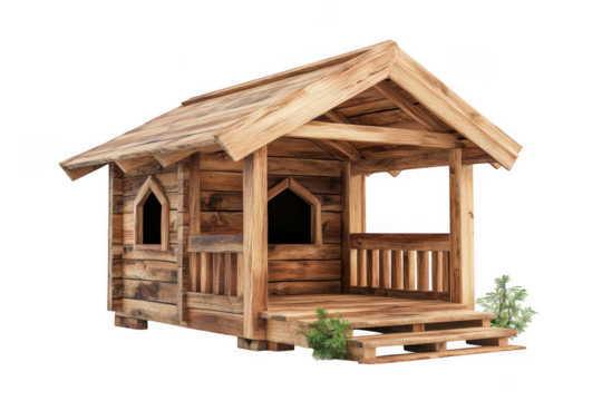 Detailed wooden playhouse structure, kids outdoor toy, backyard cabin architecture, rustic design, garden decor, isolated on transparent background