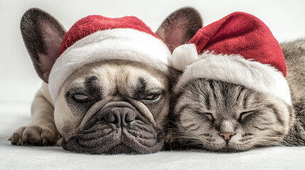 a photorealistic french bulldog and scottish fold cat both wearing Santa hats, lying down together cuddling, peaceful and cozy, isolated white background, close-up intimate shot, macro photography