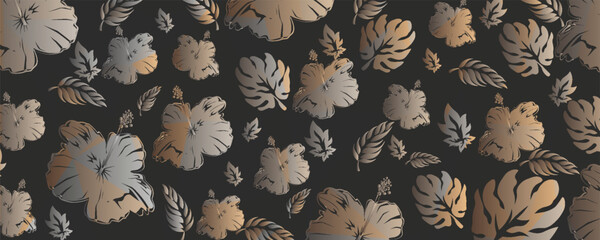 Vector luxury wallpaper design with gold leaf and gray background. Gold line art design for interior, background prints and textures, editable vector illustration