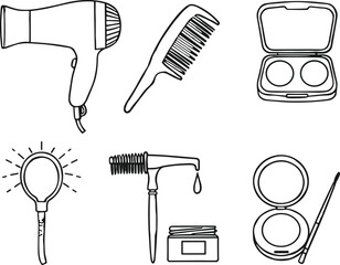 Beauty tool icons, hairdryer, comb, compact powder, mirror, dye brush, makeup accessories, personal care vector set illustration