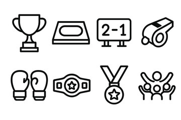 Competition Icons. Competitive Spirit linear icon set: trophy, mat, score board, referee whistle, gloves, belt, medal, cheering crowd.