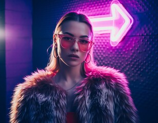 A young woman with pink sunglasses and a fluffy coat poses in front of a vibrant pink neon arrow sign, creating a stylish and edgy urban aesthetic illuminated by neon glow