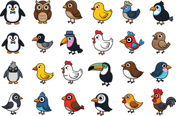 Naklejka premium Cartoon birds illustration, colorful characters, penguin, owl, toucan, chicken, accessories, hats, bow ties, playful expressions, vector design, animal grid, educational set