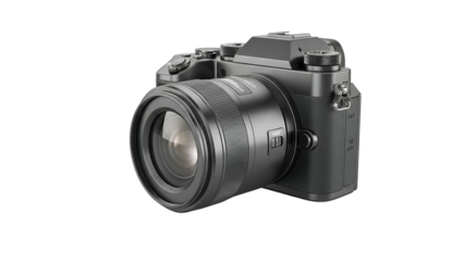 Modern Digital Camera with Large Lens on Transparent Background for Photography and Videography