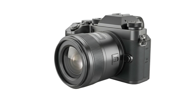 Modern Digital Camera with Large Lens on Transparent Background for Photography and Videography