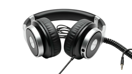 Black Over-Ear Headphones with Silver Accents on Transparent Background