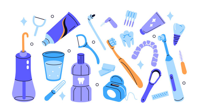Oral hygiene and dental care vector illustration set. Collection of toothpaste, mouthwash, interdental brushes, tongue cleaner, electric toothbrush, irrigator and other tools for healthy teeth.
