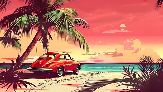 A vivid illustration of a tropical beach scene with a red car and palm trees. The sky is painted in a gradient of pink and orange hues, suggesting either a sunrise or sunset.