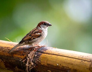 Naklejka premium A brown and white sparrow perched on a bamboo branch against a soft green backdrop