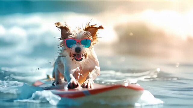 A vibrant, actionpacked shot of a dog surfing on a wave. The dog is wearing sunglasses and is captured midride, with its mouth open, tongue out, and eyes focused forward.
