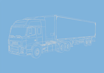 Wireframe semi-truck, cargo trailer, freight transport, technical vehicle, blueprint style, cad drawing flat vector illustration