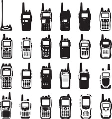 Silhouette of handheld two-way radio with antenna, knobs, screen, and keypad illustrated in black and white