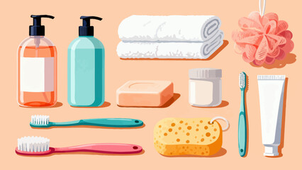 A collection of bathroom bath products, featuring cartoon hand-drawn vector illustrations, including body wash, shampoo, soap, toothbrush, toothpaste, mirror, towel and comb