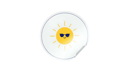 Sun Icon with Sunglasses Emoticon on White Circular Sticker Coated in Glossy Finish