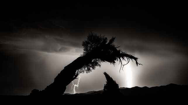 A lone gnarled tree silhouetted against a stormy sky with lightning. travel magazines, destination branding, designed for outdoor magazines and nature guides and travel destination branding.