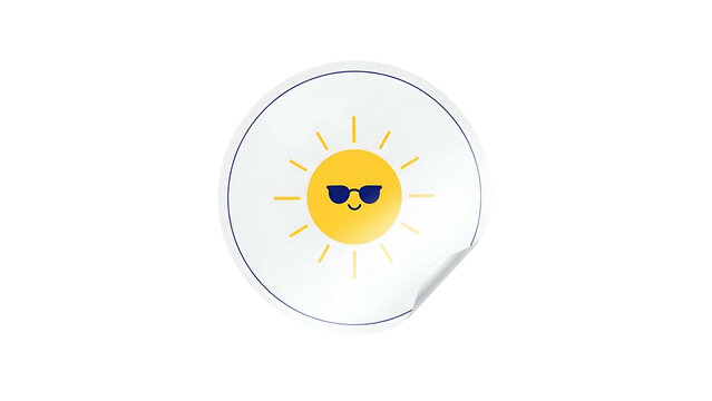 Sun Icon with Sunglasses Emoticon on White Circular Sticker Coated in Glossy Finish - Powered by Adobe