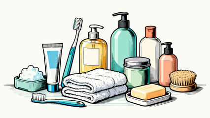 A collection of bathroom bath products, featuring cartoon hand-drawn vector illustrations, including body wash, shampoo, soap, toothbrush, toothpaste, mirror, towel and comb