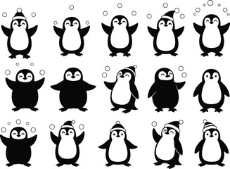 Cartoon penguin silhouettes, winter hats, playful expressions, cute animal illustration, penguin grid art, fun design