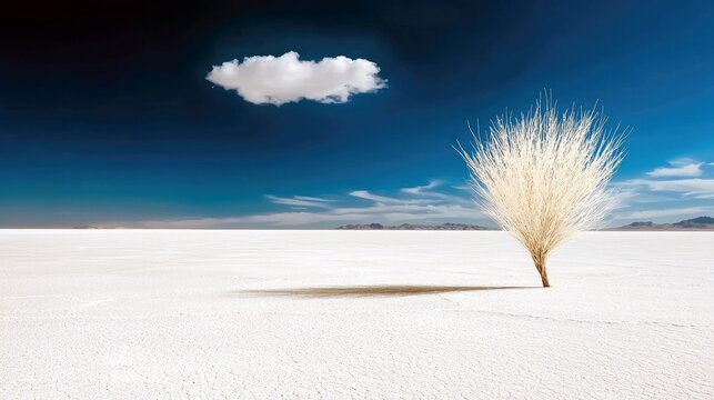 A solitary tumbleweed stands on a stark white salt flat, its shadow stretching across the barren landscape under a dramatic blue sky with a single cloud.