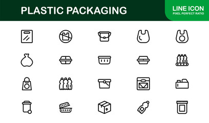 Plastic Packaging Bold Icon Set. Strong, prominent icons for packaging materials, containers, and logistics tracking.
