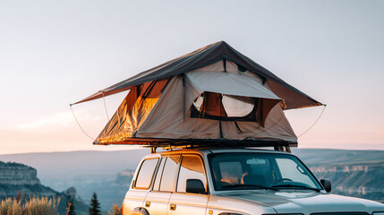 Rooftop tent on vehicle at sunset with mountain backdrop. Overlanding adventure camping in wilderness. Golden hour outdoor travel lifestyle scene. Remote nature expedition and tourism.