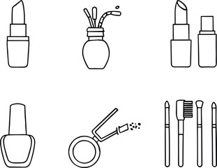 Cosmetic tool icons, lipstick, makeup brushes, nail polish, compact powder, beauty accessories, personal care items, vector set illustration