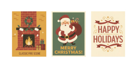 Fototapeta premium Vintage holiday greeting cards - fireplace, Santa Claus, and elegant design